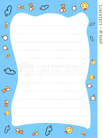 Cute Blue Lined Paper Template with Cartoon Clouds and Smileys Perfect for Notes or Journals 128181671