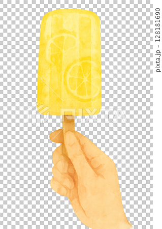 Watercolor illustration of a lemon-flavored popsicle being held in hand 128181690
