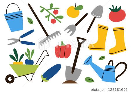 Colorful flat cartoon vector illustration set of gardening and farming tools, fruits and vegetables. Shovel, watering can, rubber boots and wheelbarrow. Concept for hobby, agriculture, eco lifestyle 128181693