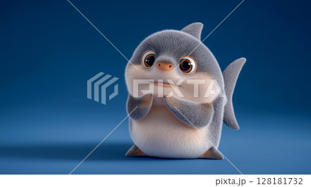 Cute shark character sits on a vibrant blue background 128181732