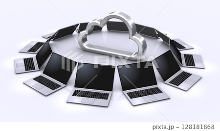 円形に並んだノートパソコンとクラウドアイコン、クラウドコンピューティングイメージ 128181868