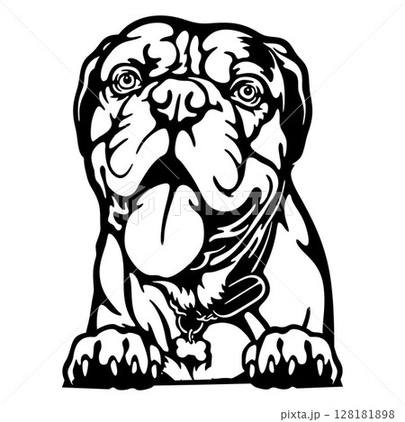 Dogue de Bordeaux Dog - Peeking Dog Breed - Pet Dog Vector Portrait, Dog Silhouette Stencil 128181898