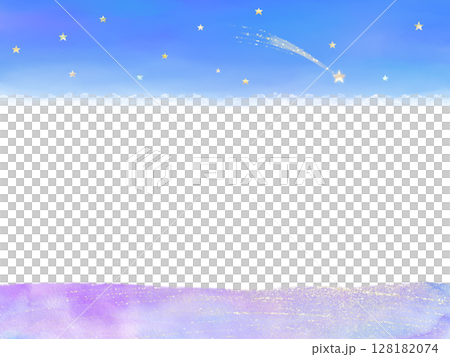 A fantastic frame of a starry sky with shooting stars and a lavender field. A watercolor illustration with a romantic picture book-like atmosphere 128182074