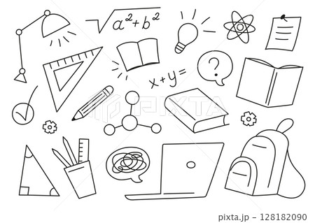 Collection of black and white flat cartoon vector doodles on school, education and science topics. Stationery elements, creative symbols, academic objects for posters, planners, web design Collection of black and white flat cartoon vector doodles on school, education and science topics. Stationery elements, creative symbols, academic objects for posters, planners, web design 128182090