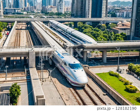Aerial view of bullet train or high speed train and the station in a city. Aerial view of bullet train or high speed train and the station in a city. 128182190