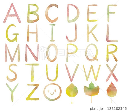 秋色の水彩で書いたカラフルなアルファベットセット。美しい落ち葉を添えたイラスト素材。 128182346