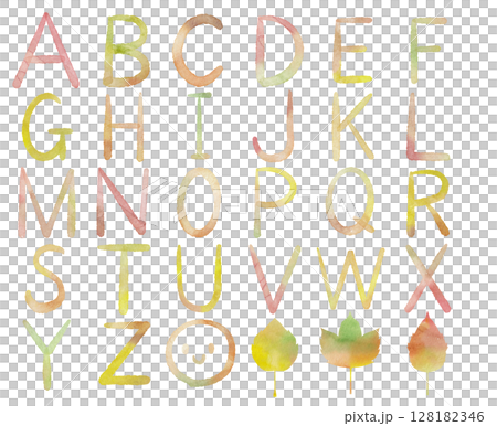 秋色の水彩で書いたカラフルなアルファベットセット。美しい落ち葉を添えたイラスト素材。 128182346