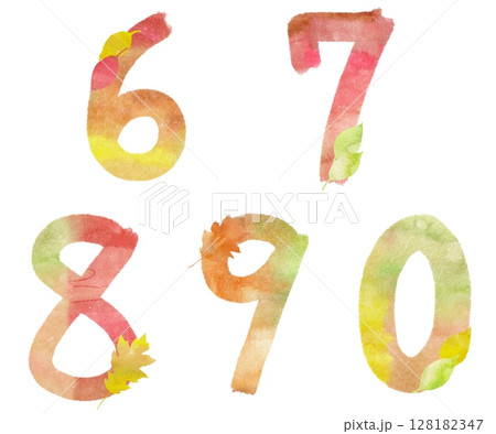 秋色の水彩で書いたカラフルな6,7,8,9,0の数字セット。美しい落ち葉を添えたイラスト素材。 128182347