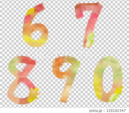 秋色の水彩で書いたカラフルな6,7,8,9,0の数字セット。美しい落ち葉を添えたイラスト素材。 128182347