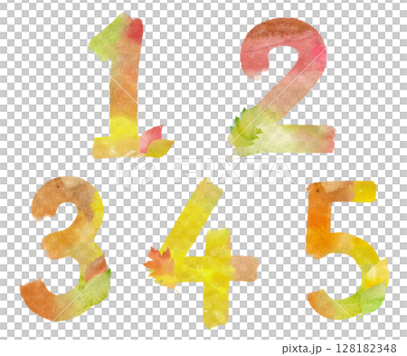 A set of colorful numbers 1, 2, 3, 4, 5 written in autumn watercolors. Illustration material with beautiful fallen leaves. A set of colorful numbers 1, 2, 3, 4, 5 written in autumn watercolors. Illustration material with beautiful fallen leaves. 128182348