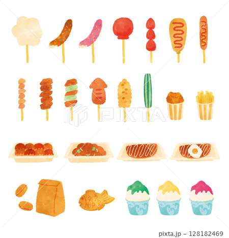 屋台の食べ物の水彩イラスト 128182469