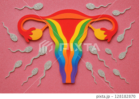 Colorful rainbow uterus and ovaries surrounded by shimmering silver sperm cells on pink background symbolizing fertility and diversity, AI Generative 128182870
