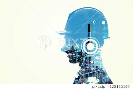 男性エンジニアのシルエットと産業テクノロジーイメージのコラージュ　バナー・広告向け横長ビジュアル 128183190