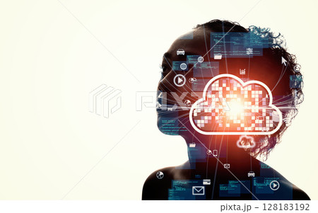 女性のシルエットとクラウドイメージのコラージュ　バナー・広告向け横長ビジュアル 128183192