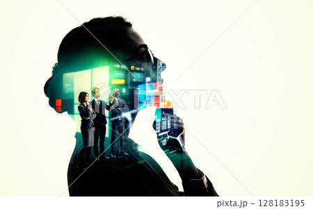 女性のシルエットとデジタルテクノロジーイメージのコラージュ バナー・広告向け横長ビジュアル 女性のシルエットとデジタルテクノロジーイメージのコラージュ バナー・広告向け横長ビジュアル 128183195