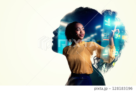 女性のシルエットとデジタルテクノロジーイメージのコラージュ バナー・広告向け横長ビジュアル 女性のシルエットとデジタルテクノロジーイメージのコラージュ バナー・広告向け横長ビジュアル 128183196