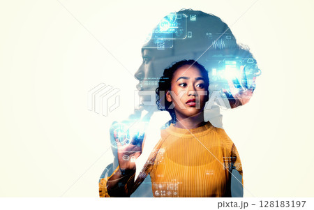 女性のシルエットとデジタルテクノロジーイメージのコラージュ　バナー・広告向け横長ビジュアル 128183197