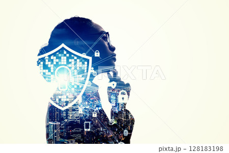 女性のシルエットとセキュリティイメージのコラージュ バナー・広告向け横長ビジュアル 女性のシルエットとセキュリティイメージのコラージュ バナー・広告向け横長ビジュアル 128183198