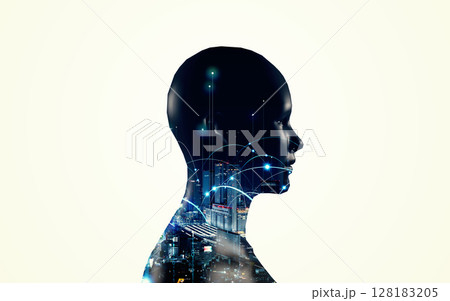 AIロボットと都市イメージのコラージュ　バナー・広告向け横長ビジュアル 128183205