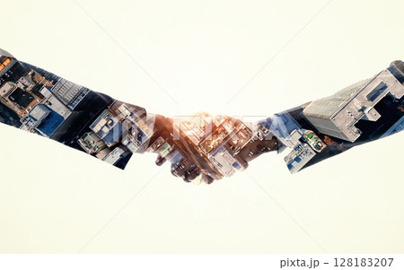 握手する人々のシルエットと都市空撮イメージのコラージュ バナー・広告向け横長ビジュアル 握手する人々のシルエットと都市空撮イメージのコラージュ バナー・広告向け横長ビジュアル 128183207