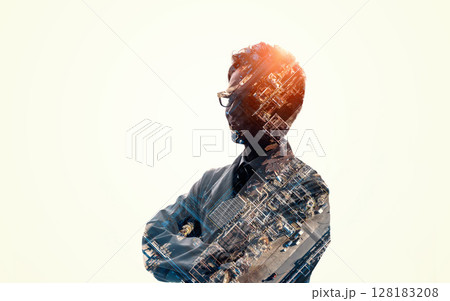 男性のシルエットと産業イメージのコラージュ バナー・広告向け横長ビジュアル 男性のシルエットと産業イメージのコラージュ バナー・広告向け横長ビジュアル 128183208