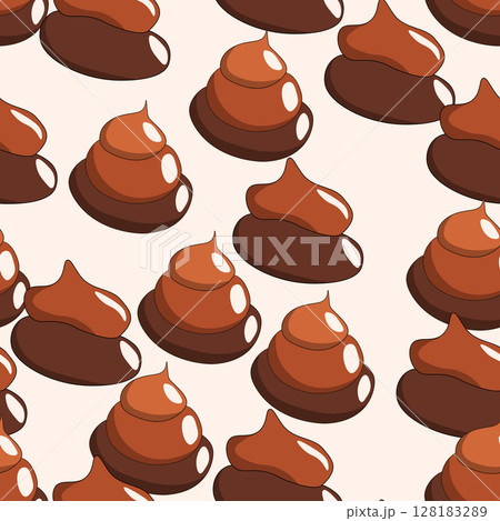 Seamless pattern with kawaii poop on color background. Cartoon poo, feces icons. Shit patterns, evil turd. Vector illustration for invitation, poster, card, fabric, textile. Doodle style 128183289