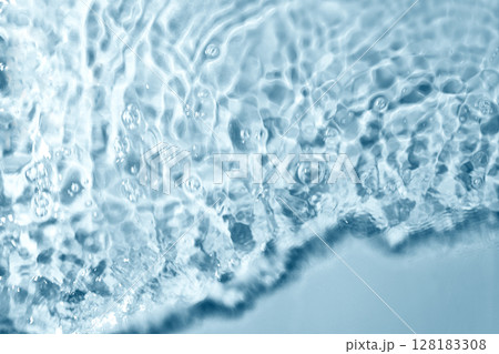 Blue water texture background. Clean transparent water surface with ripples. Summer concept. Flat lay 128183308