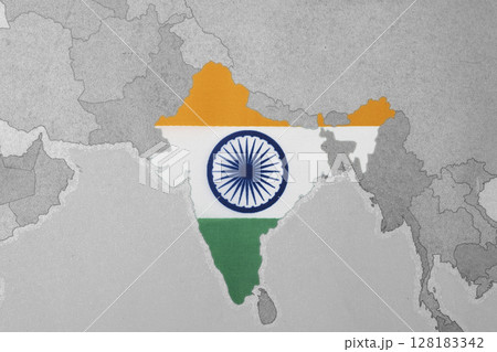 The India flag on the world map. Pakistan vs India military war conflict. Weapon of a nuclear missile battle The India flag on the world map. Pakistan vs India military war conflict. Weapon of a nuclear missile battle 128183342