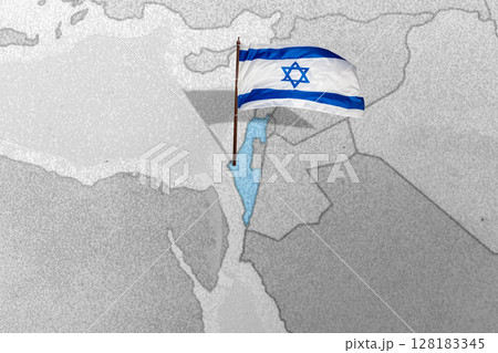 The Israel flag on the world map. Iran-Israel confrontation, military war conflict 128183345