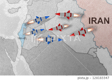 Israel and Iran nuclear missiles battle on the world map. Iran-Israel confrontation, military war conflict 128183347