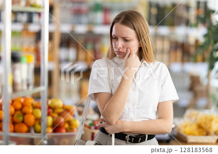 Young woman buyer forgot what she wanted to buy Young woman buyer forgot what she wanted to buy 128183568