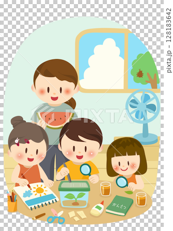 自由研究に取り組む夏の日の子どもたち、Kids Doing Summer Science Proje 128183642