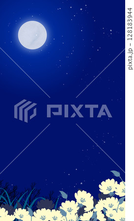 満月と月見草の花畑の夜の風景イラスト 満月と月見草の花畑の夜の風景イラスト 128183944