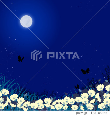 満月の夜、月見草の花畑に蝶が飛ぶイラスト 満月の夜、月見草の花畑に蝶が飛ぶイラスト 128183946