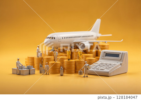 飛行機とお金と計算機のミニチュア 128184047