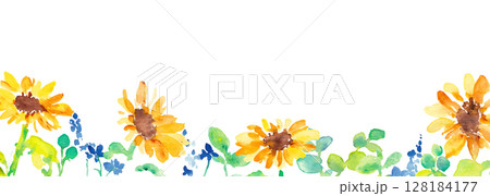 水彩画。水彩タッチの向日葵と草木の夏フレーム。ひまわりのベクターイラスト。 128184177