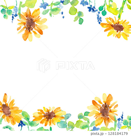 水彩画。水彩タッチの向日葵と草木の夏フレーム。ひまわりのベクターイラスト。 水彩画。水彩タッチの向日葵と草木の夏フレーム。ひまわりのベクターイラスト。 128184179