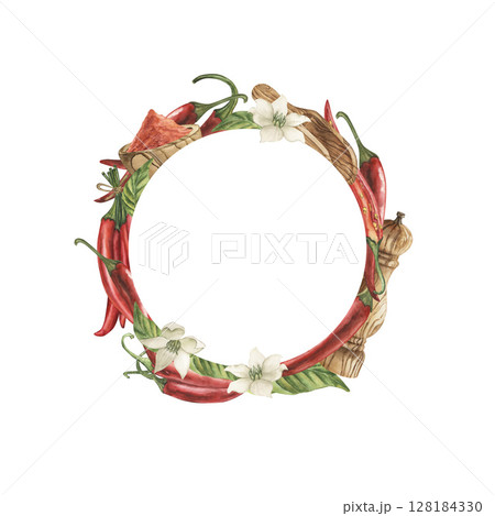A round frame with red hot chili peppers, green leaves, flowers, a wooden pepper pot, and a plate with ground paprika. Watercolor illustration painted in watercolor in a botanical style, isolated A round frame with red hot chili peppers, green leaves, flowers, a wooden pepper pot, and a plate with ground paprika. Watercolor illustration painted in watercolor in a botanical style, isolated 128184330