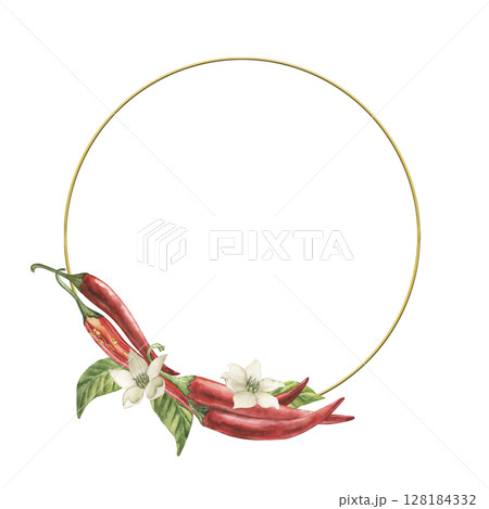 Round wreath frame with red hot chili pepper, green leaves, flowers. The watercolor illustration is drawn in watercolor in a botanical style, on a white background. For packaging, culinary blogs 128184332