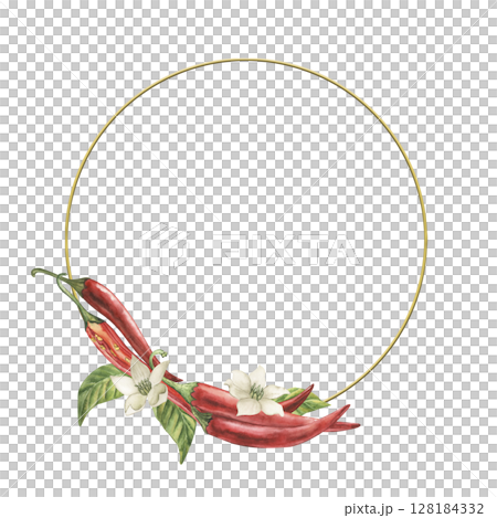 Round wreath frame with red hot chili pepper, green leaves, flowers. The watercolor illustration is drawn in watercolor in a botanical style, on a white background. For packaging, culinary blogs 128184332