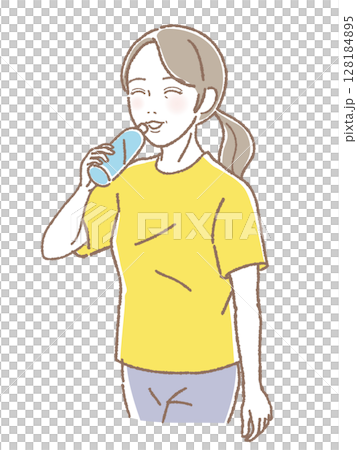 ペットボトルの水を飲む中高年女性 ペットボトルの水を飲む中高年女性 128184895