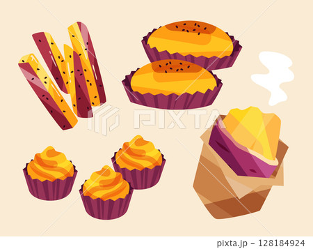 秋の味覚　スイートポテト・大学芋・石焼き芋のイラスト 128184924