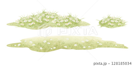 Pastel green grass with white chamomile wildflowers watercolor illustration set isolated on white. Horizontal summer blooming meadows and hills kit. Minimalist rural landscape for countryside designs 128185034
