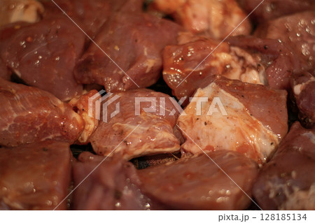 Freshly Marinated Meat Pieces Perfectly Prepared and Ready for Grilling and Cookouts Freshly Marinated Meat Pieces Perfectly Prepared and Ready for Grilling and Cookouts 128185134