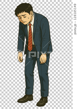 一個穿著西裝的年輕商人，低著頭，看起來很沮喪，一個震驚和沮喪的商人，一個被失敗摧毀的男人。 128185149