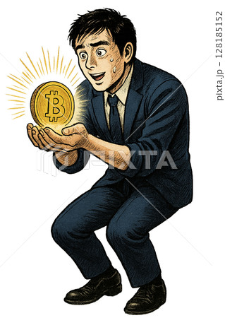 光り輝くビットコインを見つめる若手ビジネスマン、 救い出した仮想通貨に希望を抱くスーツ姿の男性、 手 光り輝くビットコインを見つめる若手ビジネスマン、 救い出した仮想通貨に希望を抱くスーツ姿の男性、 手 128185152