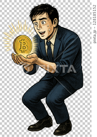 光り輝くビットコインを見つめる若手ビジネスマン、 救い出した仮想通貨に希望を抱くスーツ姿の男性、 手 光り輝くビットコインを見つめる若手ビジネスマン、 救い出した仮想通貨に希望を抱くスーツ姿の男性、 手 128185152