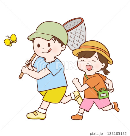 虫取りする子供達(カラー) 128185185