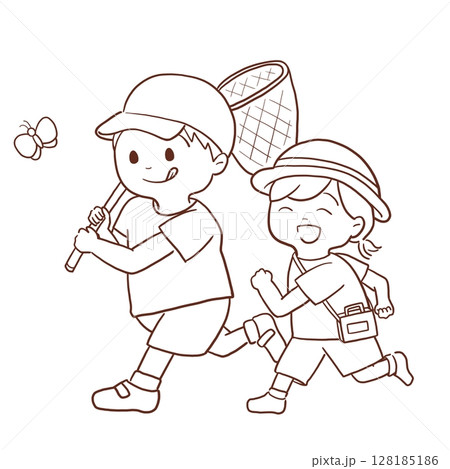 虫取りする子どもたち(線画) 128185186