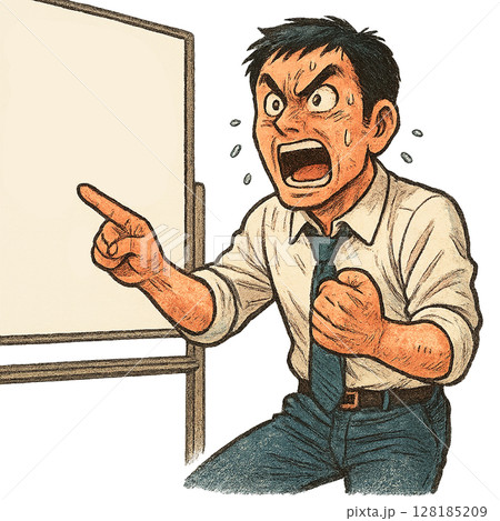 ホワイトボードを使って熱く指導する講師の表情、 災害対策を真剣に訴えるセミナー講師の姿、 指差しで強 128185209